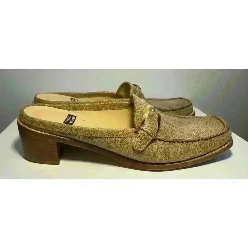 Stuart Weitzman Slide Women 7B Tan Beige Fabric Slip On Buckle Block Heel Spain - Picture 4 of 9